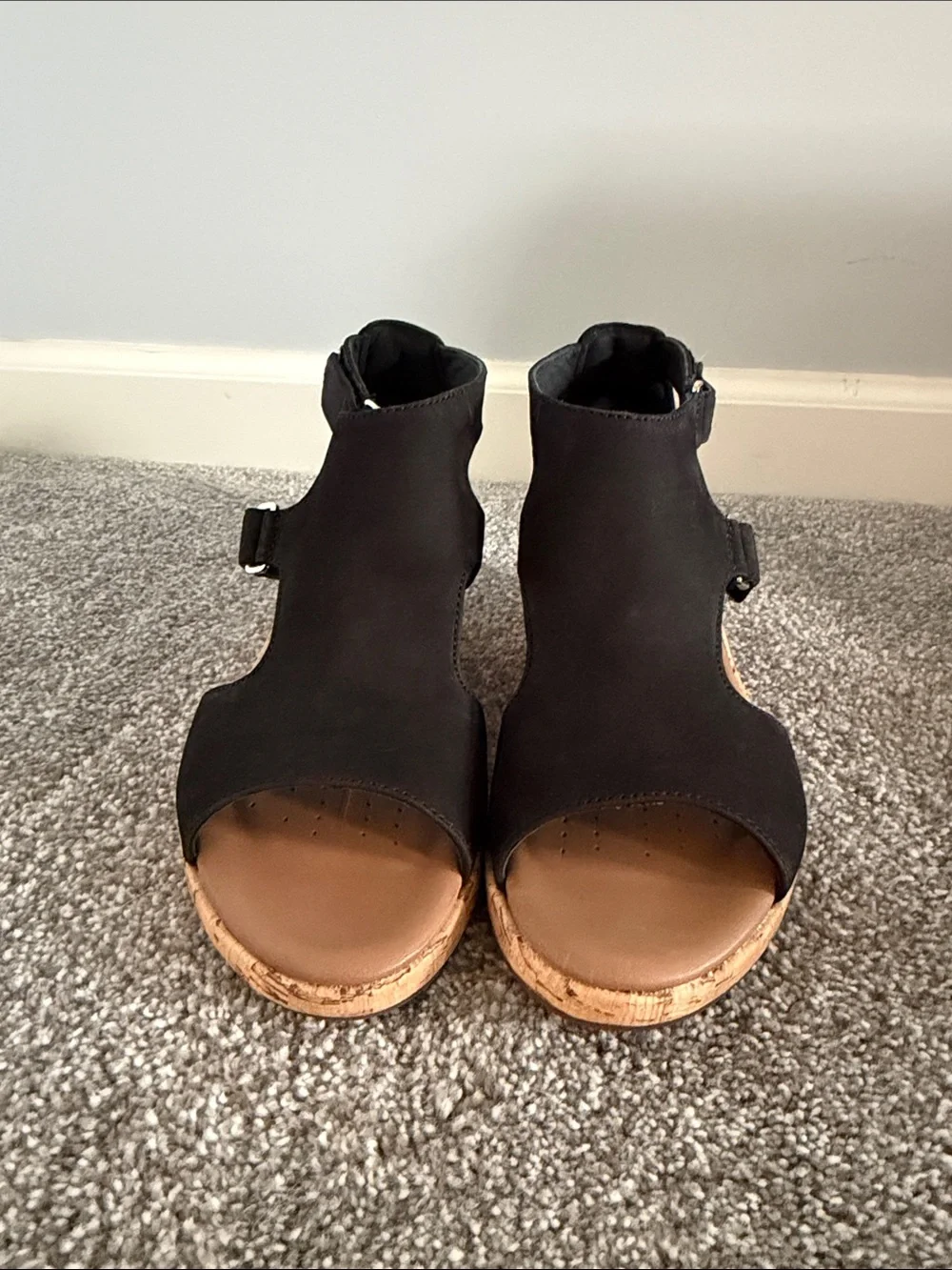 Clarks Black Open-Toe Cork Wedge Sandals
